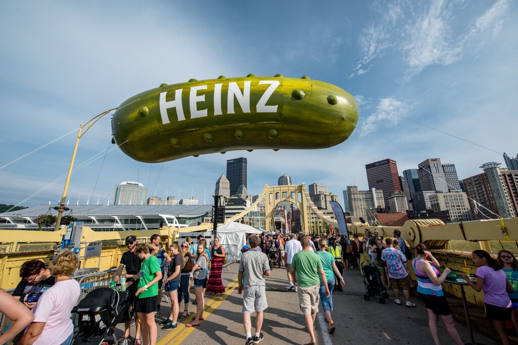 Citizens file onto the Rachel Carson Bridge for the annual Picklesburgh affair. -- DAVE DiCELLO