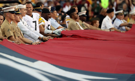 LANDOVER, MD - SEPTEMBER 12: Quarterback Ben Roethlisberger #7 of the Pittsburgh Steelers looks on during the national anthem prior to a game against the Washington Redskins at FedExField on September 12, 2016 in Landover, Maryland. (Photo by Rob Carr/Getty Images)
