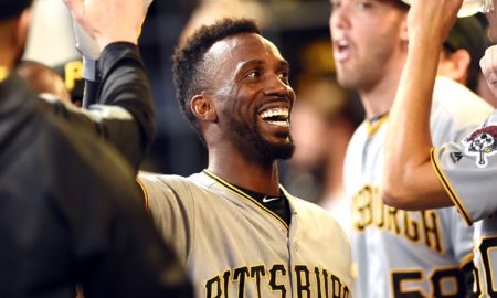 MILWAUKEE, WI - SEPTEMBER 21:  Andrew McCutchen #22 of the Pittsburgh Pirates celebrates with teammates after a  first inning home run against the Milwaukee Brewers at Miller Park on September 21, 2016 in Milwaukee, Wisconsin.  (Photo by Stacy Revere/Getty Images)