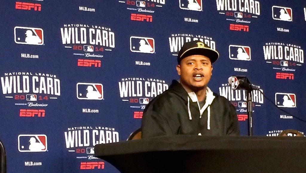 Edinson Volquez takes questions at the National League wild card press conference Tuesday at PNC Park. -- DEJAN KOVACEVIC