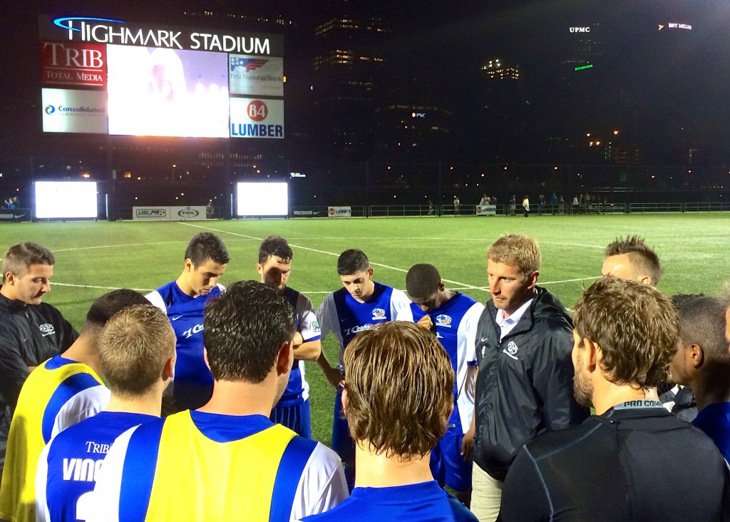 Niko Katic gathers the Riverhounds' at midfield after season-ending loss Saturday. -- DEJAN KOVACEVIC